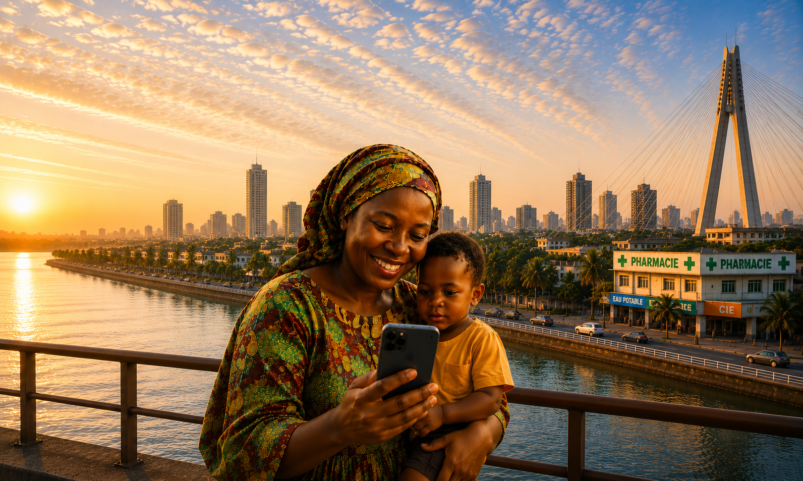 Mother and child connecting with family in Abidjan, Côte d'Ivoire